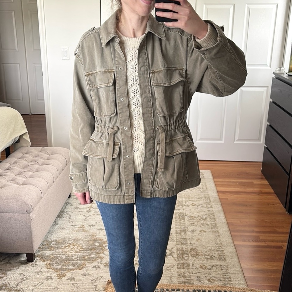 H&M Olive Green Utility Anorak Jacket 100% Cotton Size Small